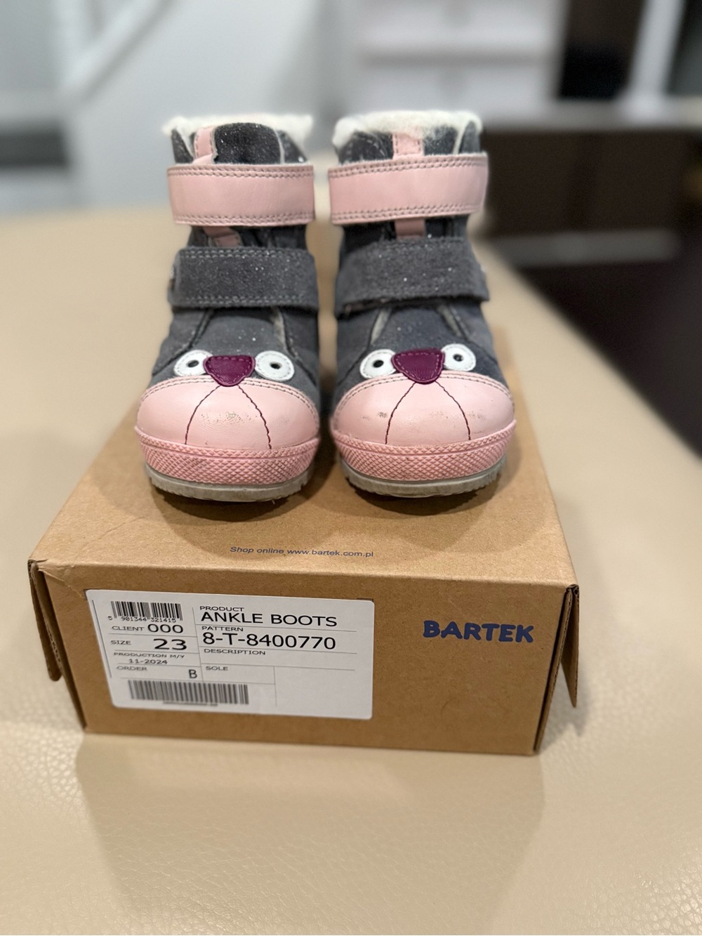 Kids' Gray and Pink Ankle Boots with Animal Face